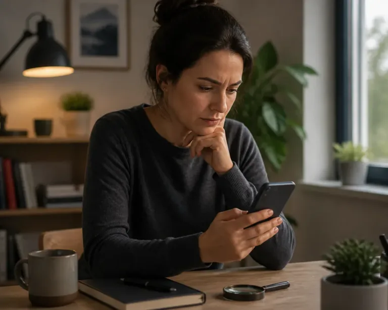 Pessoa revisando o celular em casa com expressão pensativa e xícara de café ao lado