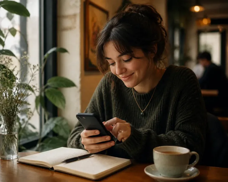 Pessoa lendo perfil em celular sentado em sofá claro, com expressão curiosa e sorridente, luz natural de janela