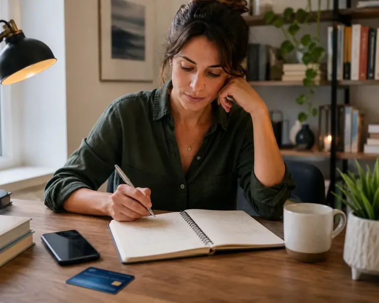 Pessoa com expressão preocupada mas calma olhando para a tela do celular em mesa de trabalho, com extrato bancário ao lado