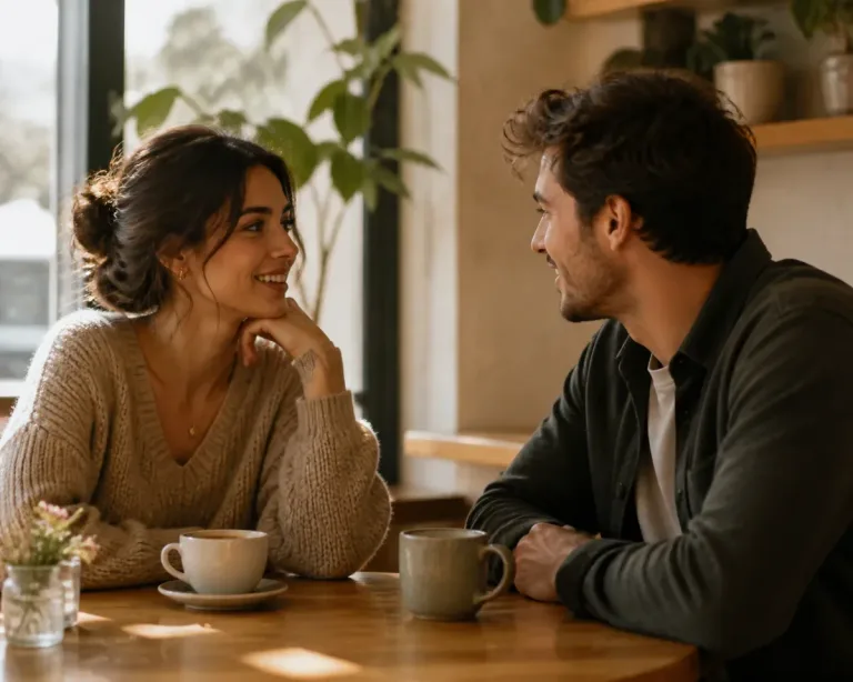 Duas pessoas sentadas em uma cafeteria, conversando com sorrisos leves sobre uma mesa com café e um caderno aberto