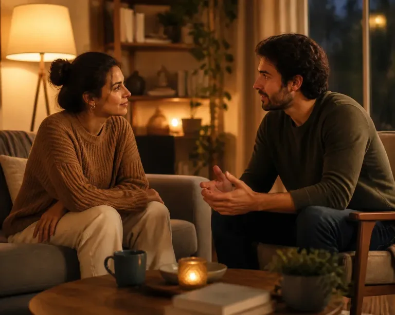 Duas pessoas conversando em uma sala com luz natural, mostrando respeito mútuo enquanto ouvem com atenção, com uma planta ao lado simbolizando crescimento conjunto