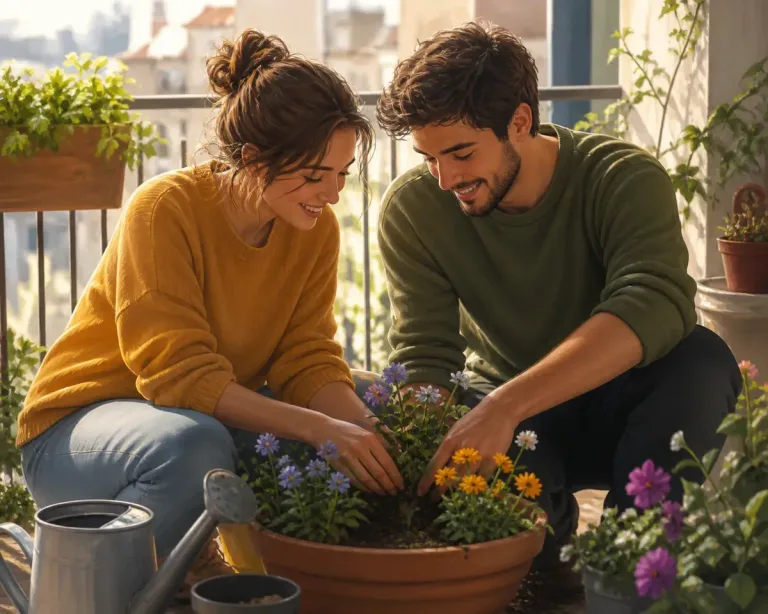 Mão colocando uma pequena planta verde em um vaso claro sobre uma mesa branca luminosa com luz suave da manhã