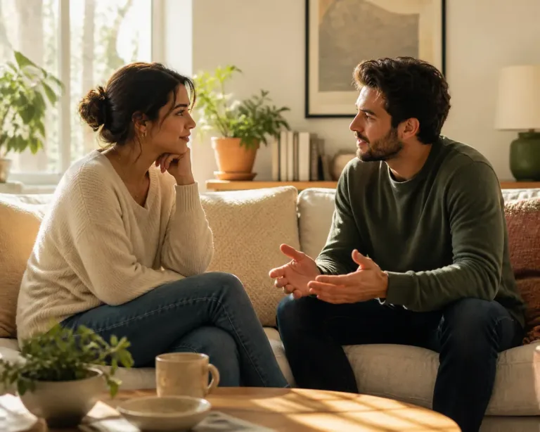 Casal conversando calmamente em uma sala iluminada, trocando olhares atentos durante uma conversa respeitosa