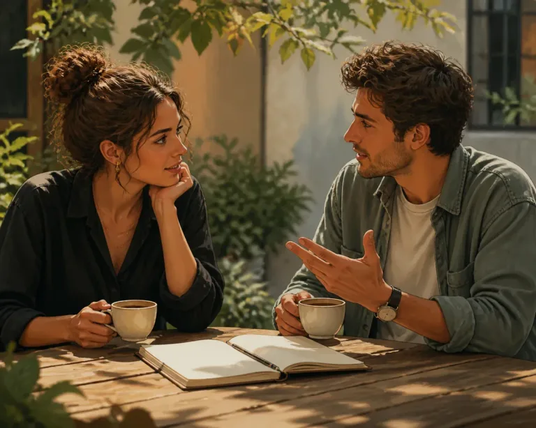 Duas mãos segurando chávenas de café próximas com um caderno aberto e caneta entre elas em uma mesa clara