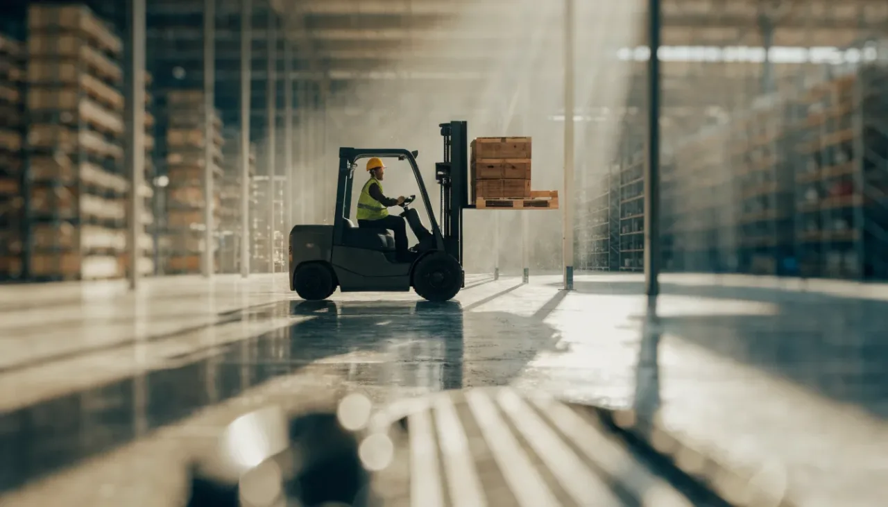 Warehouse worker operating a forklift lifting pallets