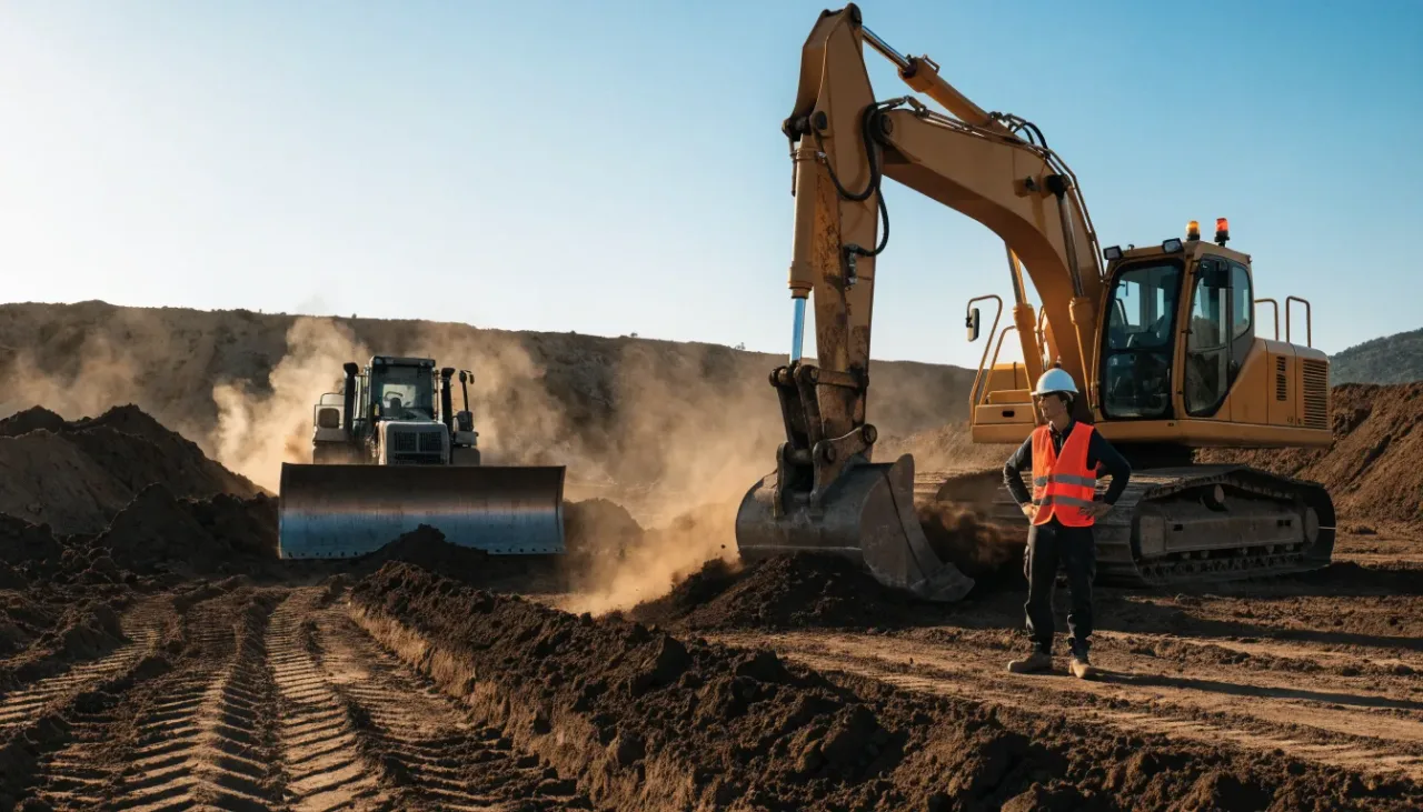 Excavator and bulldozer on a construction site with a trainee operator