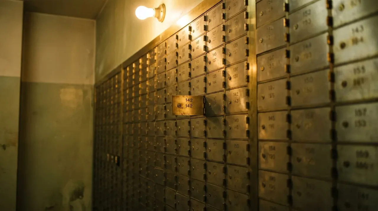 Wall of safe deposit boxes in a bank vault