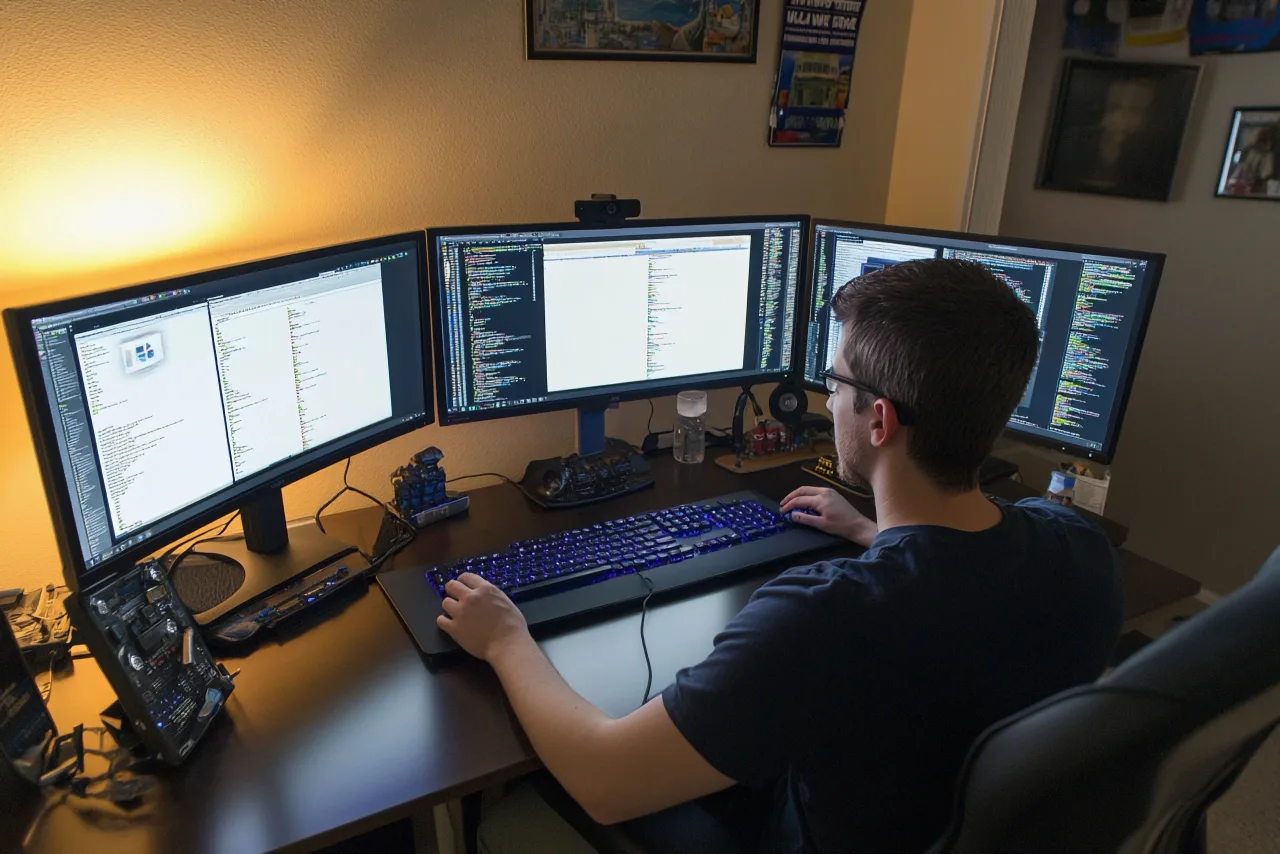 person sits desk featuring three computer monitors engaging coding programming activit