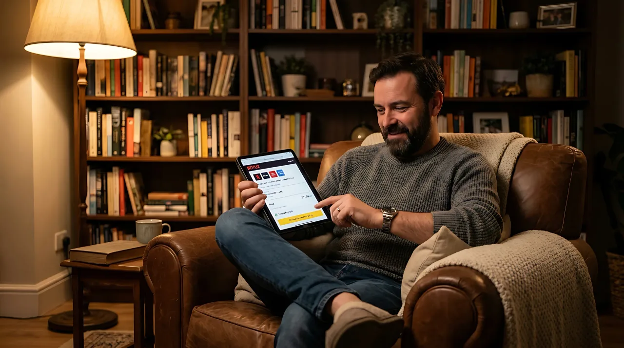 smiling man pointing tablet screen library