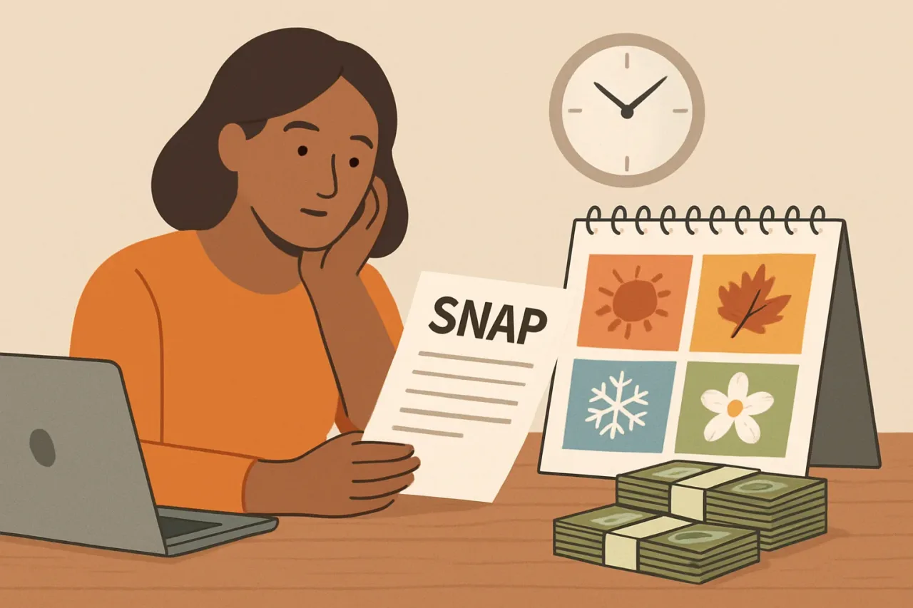 A family reviews paperwork for SNAP application during seasonal changes.