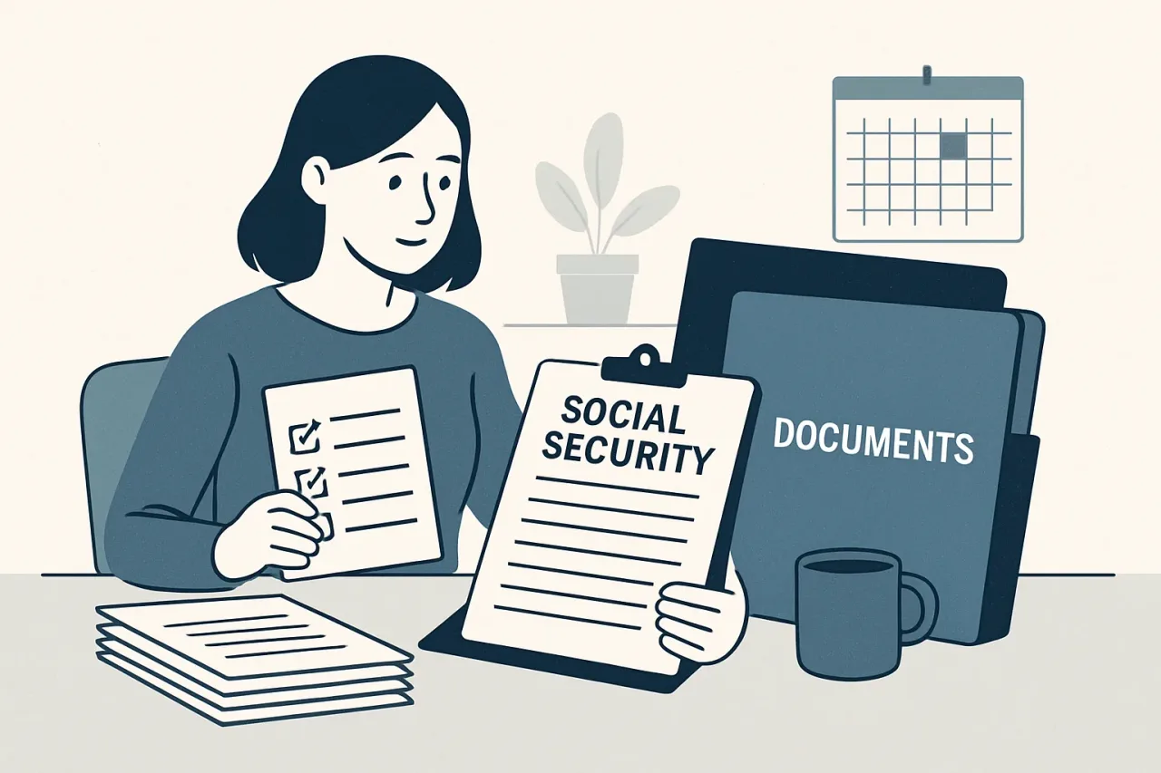 A person organizing paperwork for Social Security benefits
