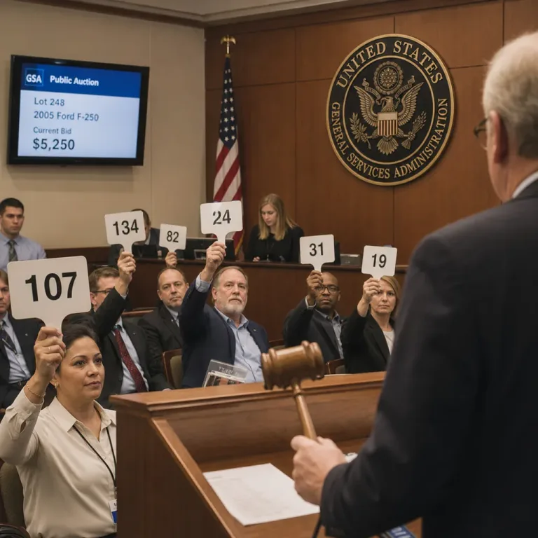 Government auction room with bidders and gavel