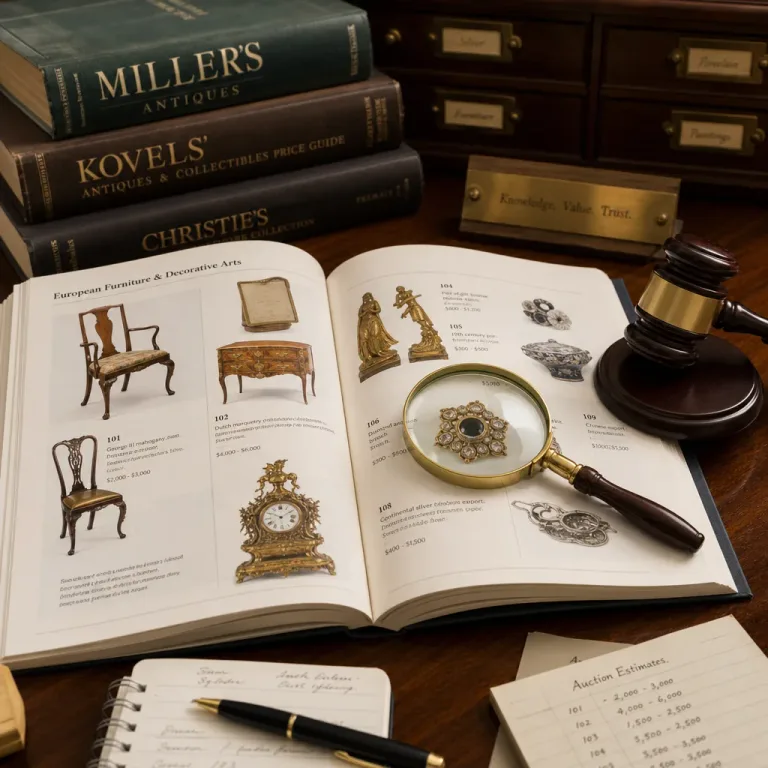 Auction guide book with gavel on desk