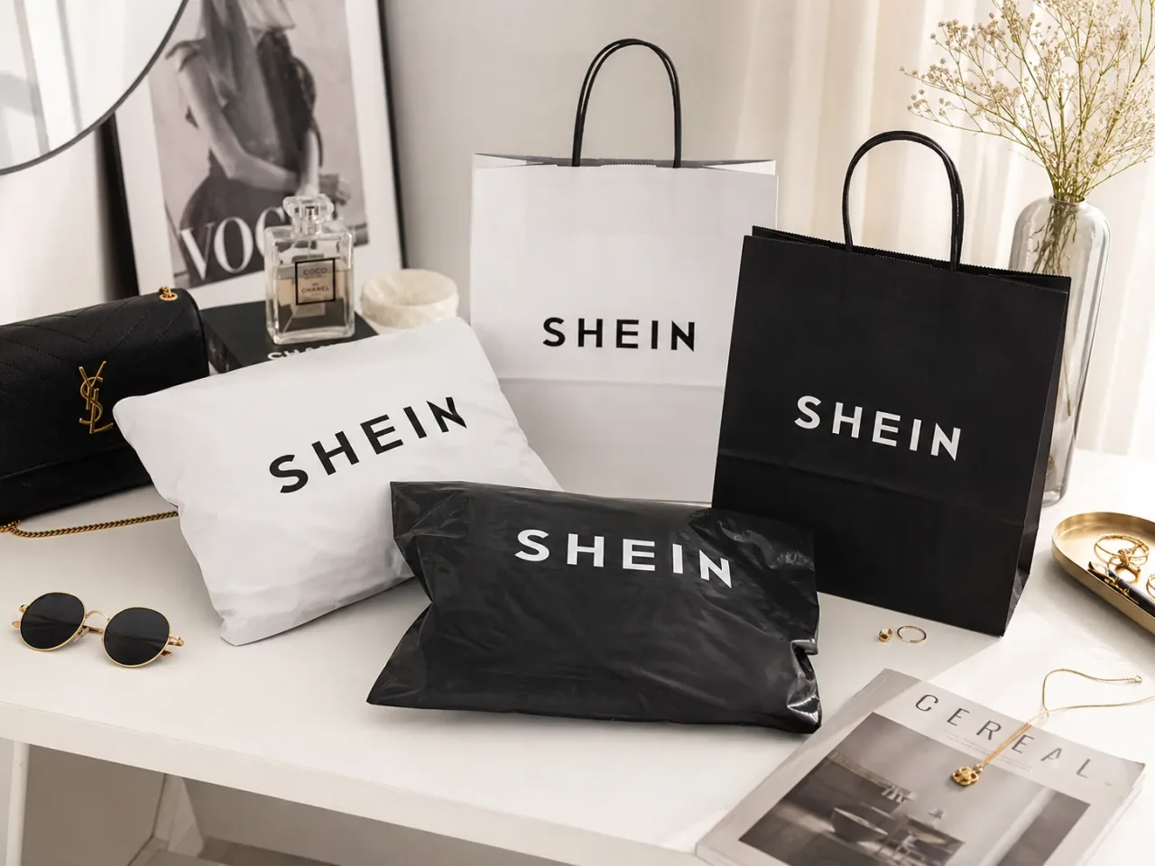 Pacotes e sacolas da Shein. A imagem representa como ganhar roupas da Shein