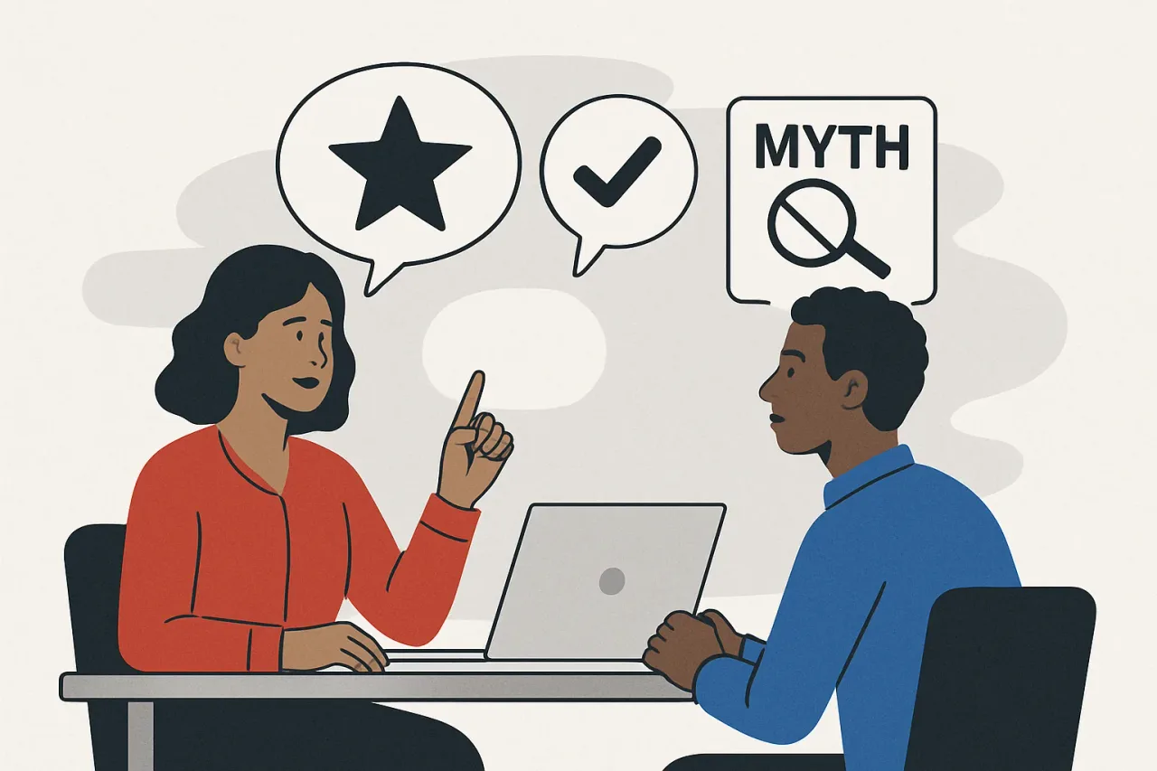Job seeker and recruiter discussing employment opportunities at a desk.
