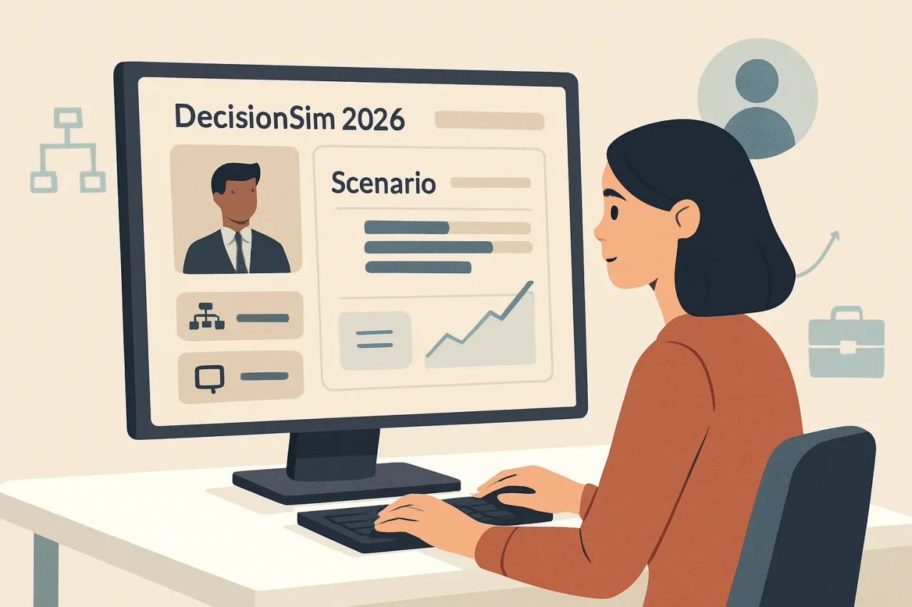 Interface showing DecisionSim 2026 employment scenario simulations