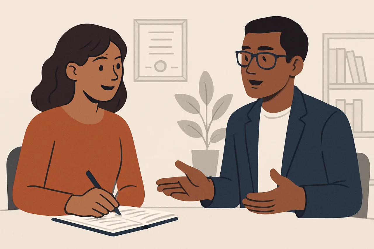 Person writing notes from an informational interview