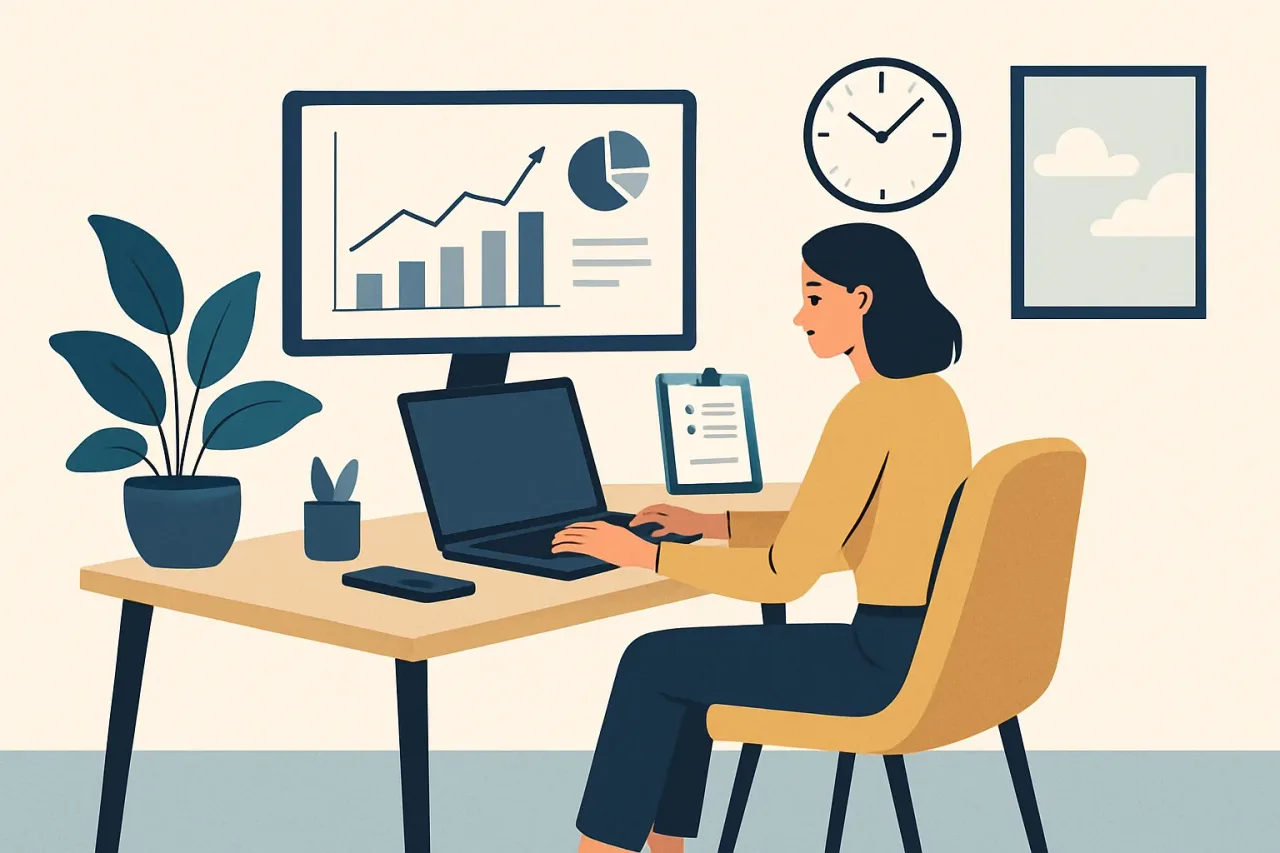 A remote worker's organized home office with laptop, monitor, and notepad