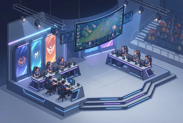 Modern esports arena layout rendering with gaming stations