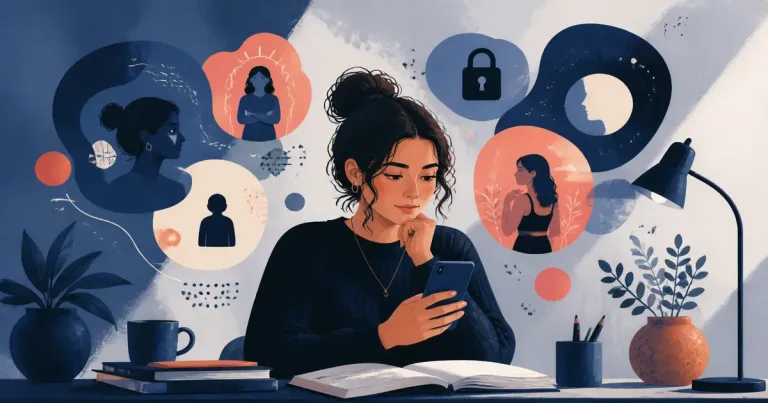 Ilustração editorial sobre como criar perfil de namoro, com pessoas adultas em contexto de conexão digital segura.