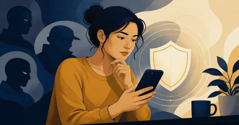 Ilustração editorial sobre como identificar perfil falso em app de namoro, com pessoas adultas em contexto de conexão digital segura.