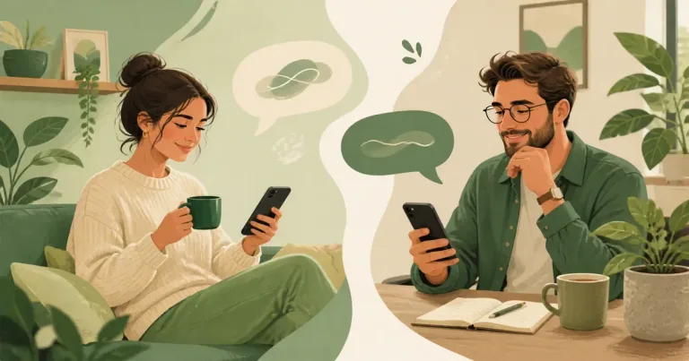 Ilustração editorial sobre como começar conversa em aplicativo de relacionamento, com pessoas adultas em contexto de conexão digital segura.