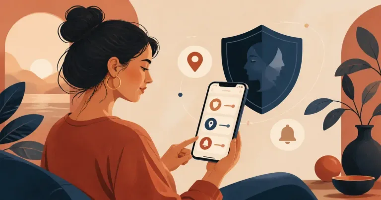 Ilustração editorial sobre privacidade em aplicativos de relacionamento, com pessoas adultas em contexto de conexão digital segura.