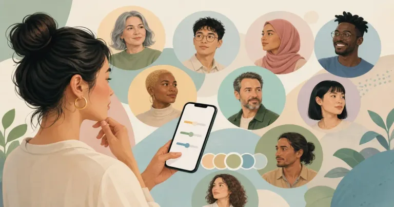 Ilustração editorial sobre filtros em aplicativos de namoro, com pessoas adultas em contexto de conexão digital segura.
