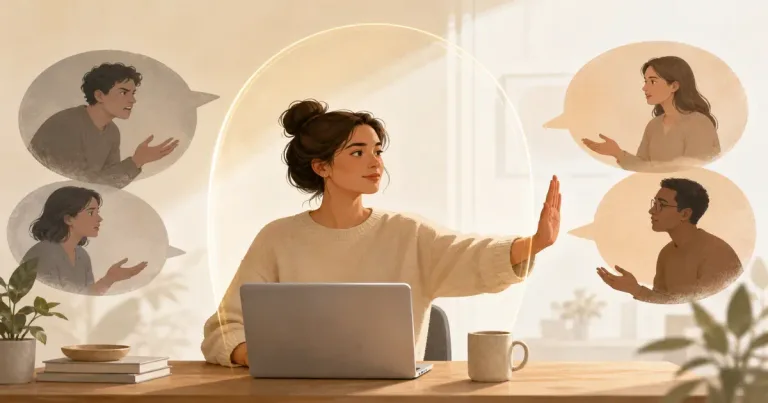Ilustração editorial sobre limites em conversas online, com pessoas adultas em contexto de conexão digital segura.