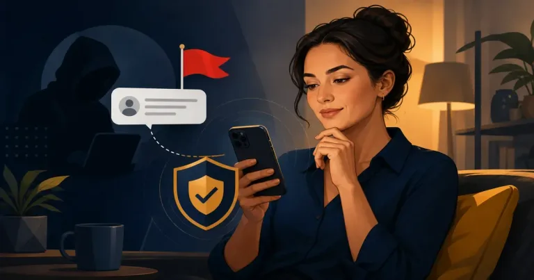 Ilustração editorial sobre golpes em aplicativos de relacionamento, com pessoas adultas em contexto de conexão digital segura.