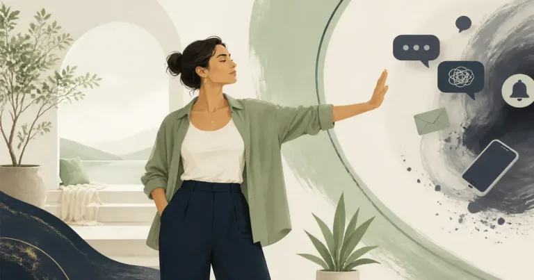 Ilustração editorial sobre como definir limites em conversas online, com pessoas adultas em contexto de conexão digital segura.