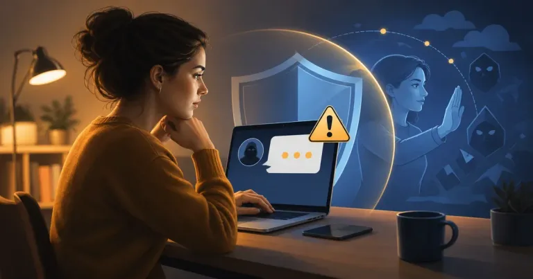 Ilustração editorial sobre sinais de pressão em conversas digitais, com pessoas adultas em contexto de conexão digital segura.