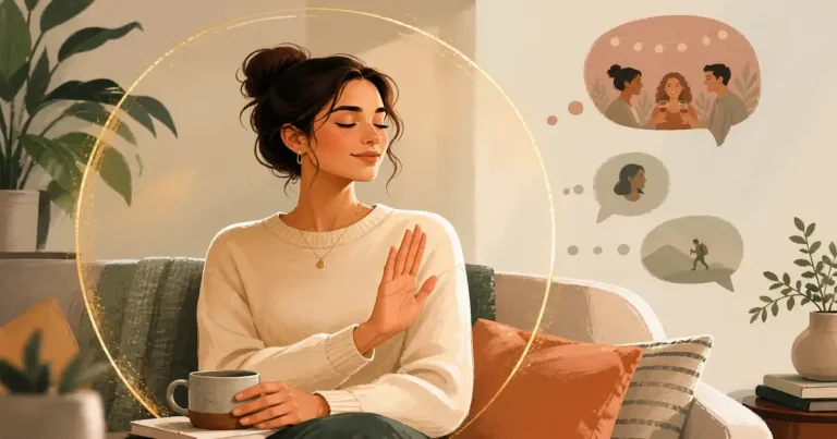 Ilustração editorial sobre como recusar convite para encontro, com pessoas adultas em contexto de conexão digital segura.