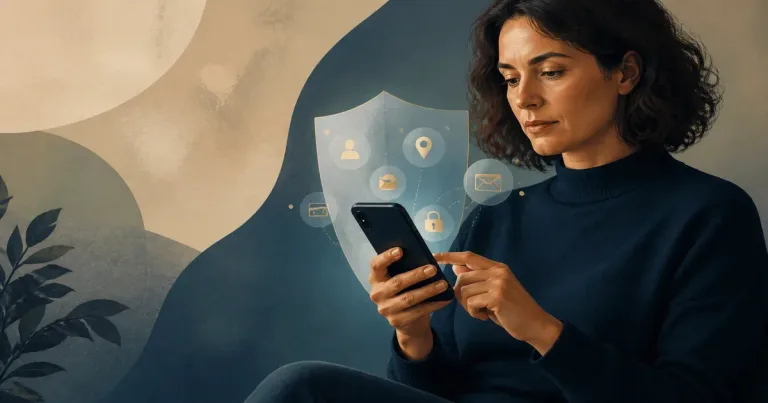 Ilustração editorial sobre privacidade em conversas online, com pessoas adultas em contexto de conexão digital segura.