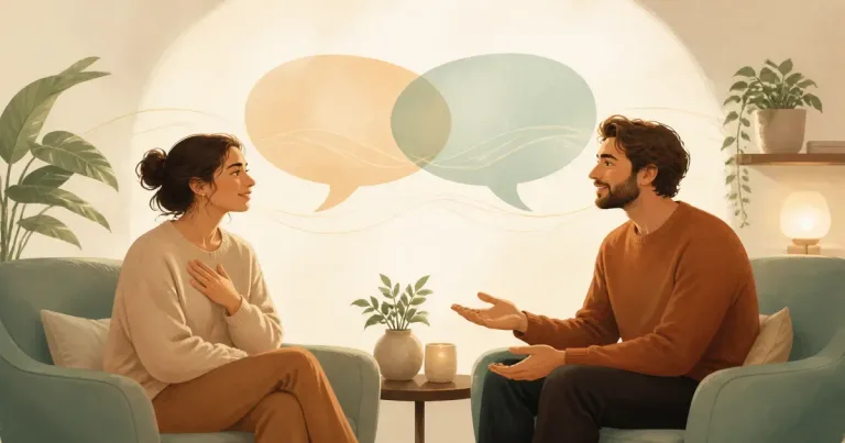 Ilustração editorial sobre como falar sobre expectativas no namoro, com pessoas adultas em contexto de conexão digital segura.