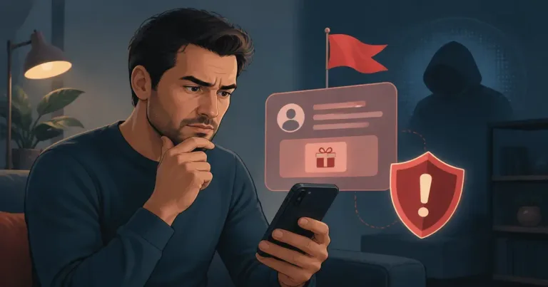 Ilustração editorial sobre pedidos suspeitos em conversas de relacionamento, com pessoas adultas em contexto de conexão digital segura.