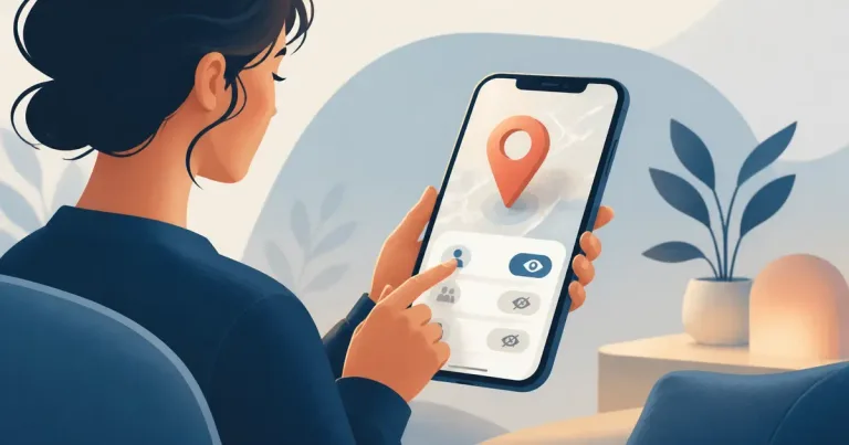 Ilustração editorial sobre proteger localização em apps de namoro, com pessoas adultas em contexto de conexão digital segura.