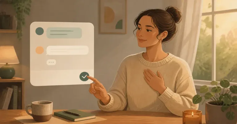 Ilustração editorial sobre como encerrar conversa em app de namoro, com pessoas adultas em contexto de conexão digital segura.