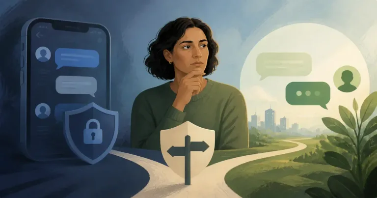 Ilustração editorial sobre sair do aplicativo de namoro rapidamente, com pessoas adultas em contexto de conexão digital segura.