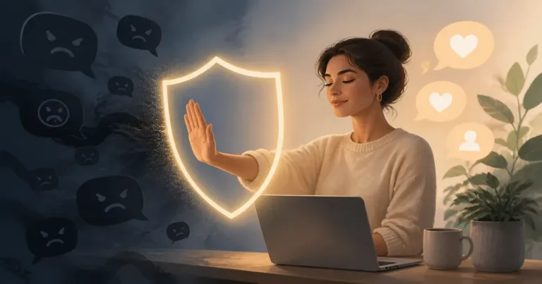 Ilustração editorial sobre conversa online desconfortável, com pessoas adultas em contexto de conexão digital segura.