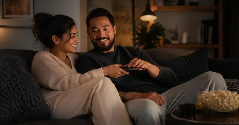 Casal sentado no sofá escolhendo filme em um tablet com cobertor