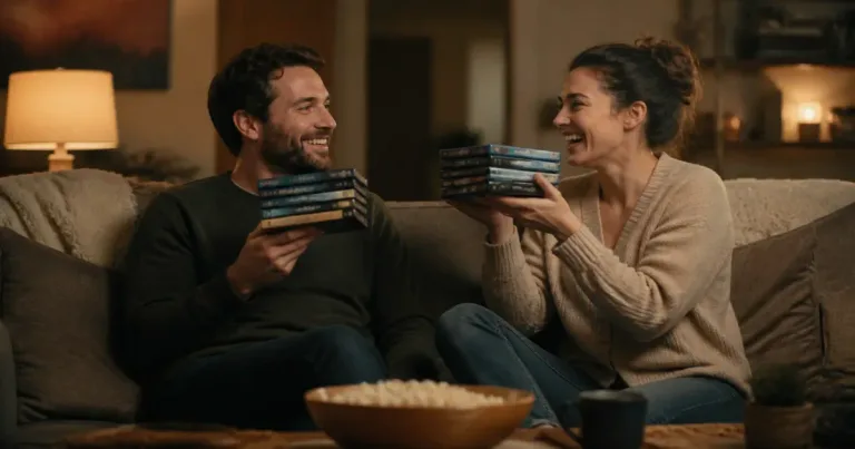 Duas pessoas no sofá com tablet, lista de séries e caneca