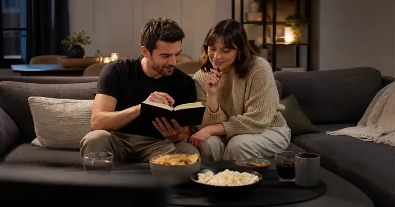 Tela com catálogo de filmes, controle remoto e duas canecas