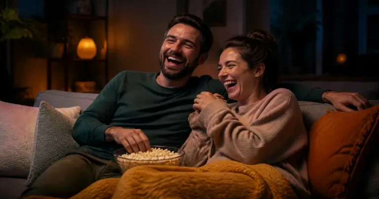 Casal rindo em sofá colorido com pôsteres de filmes antigos na parede