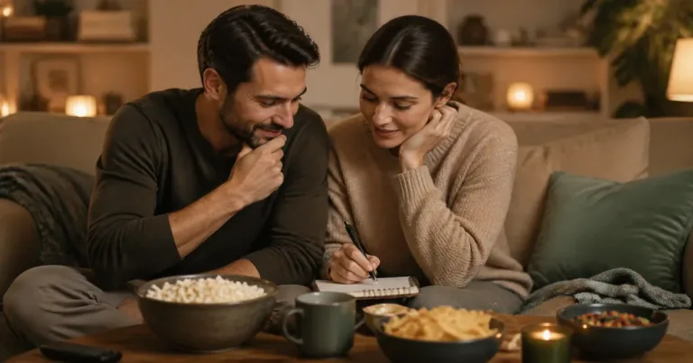 Casal anotando em caderno pequeno lista de séries com prancheta