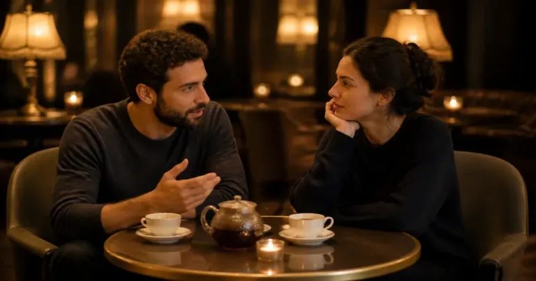 Casal conversando depois do filme com caneca na mão e luz lateral