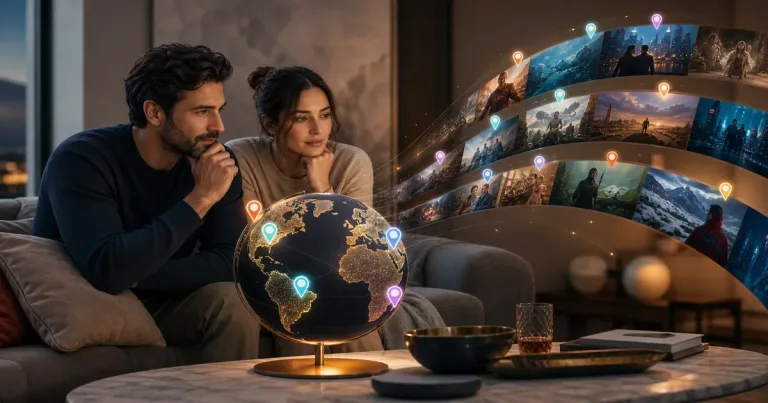 Mapa estilizado do mundo com ícones de filmes sobreposto