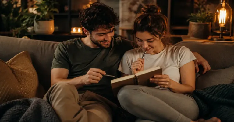 Caderno aberto com lista de filmes escritos à mão e caneta colorida