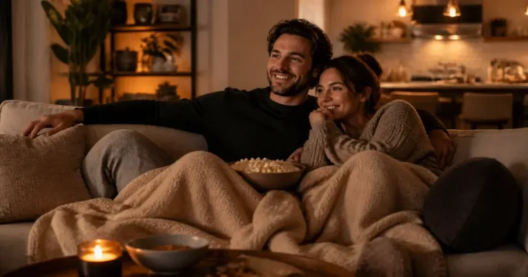 Casal em sofá com luz quente, cobertor e televisão ligada