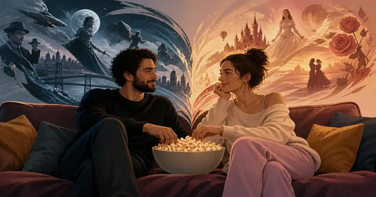 Casal conversando sobre impressões de um filme com caderno aberto